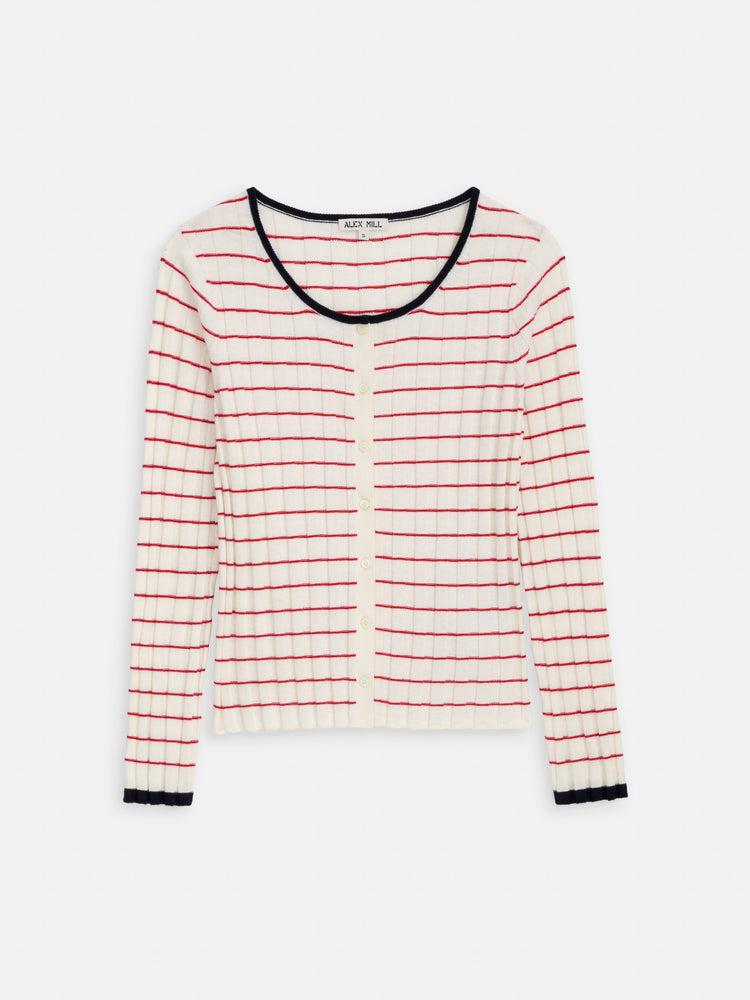alex mill Cerise Ribbed Cardigan in Cotton Cashmere Ivory/Crimson