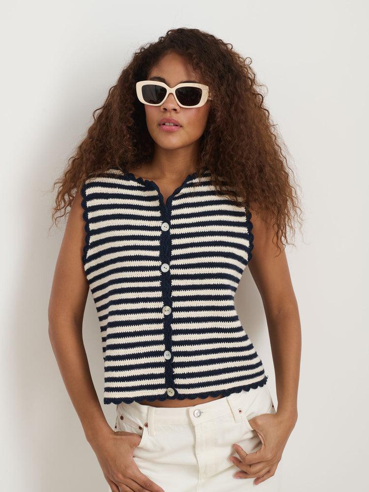 Alex Mill Hand Crochet Bridget Vest In Striped Cotton Navy/Ivory