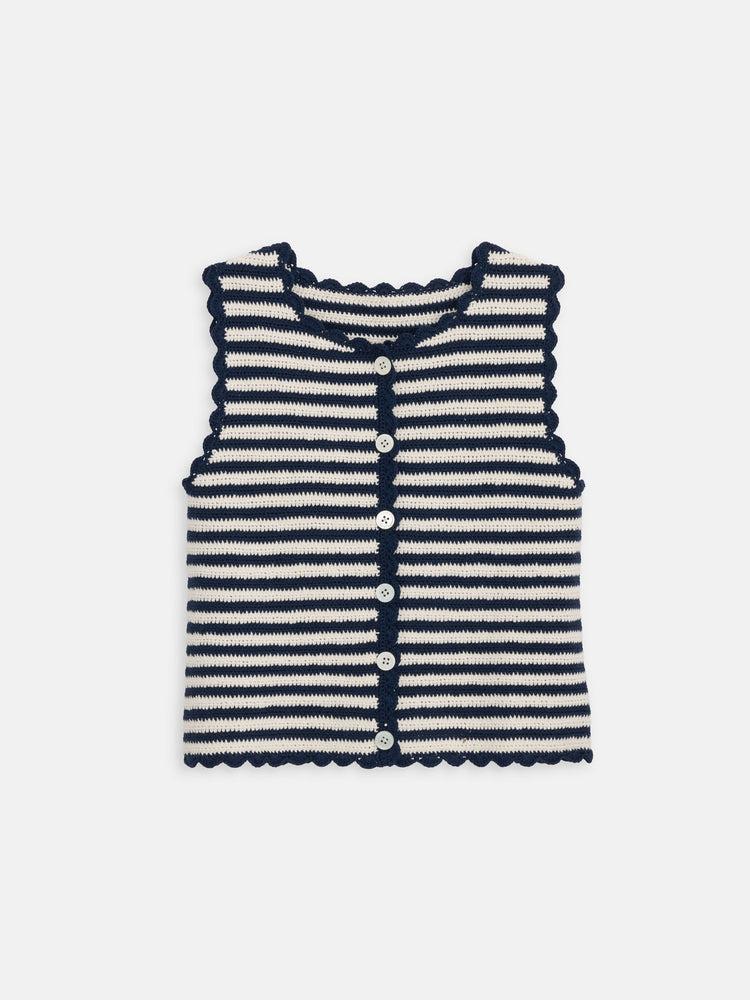 alex mill Hand Crochet Bridget Vest In Striped Cotton Navy/Ivory