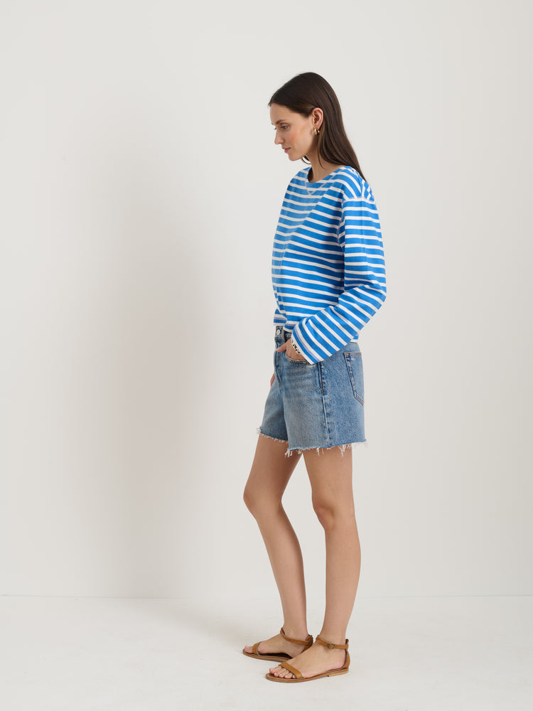 Alex Mill Marseille Striped Boatneck Tee In Cotton Ivory/Blue