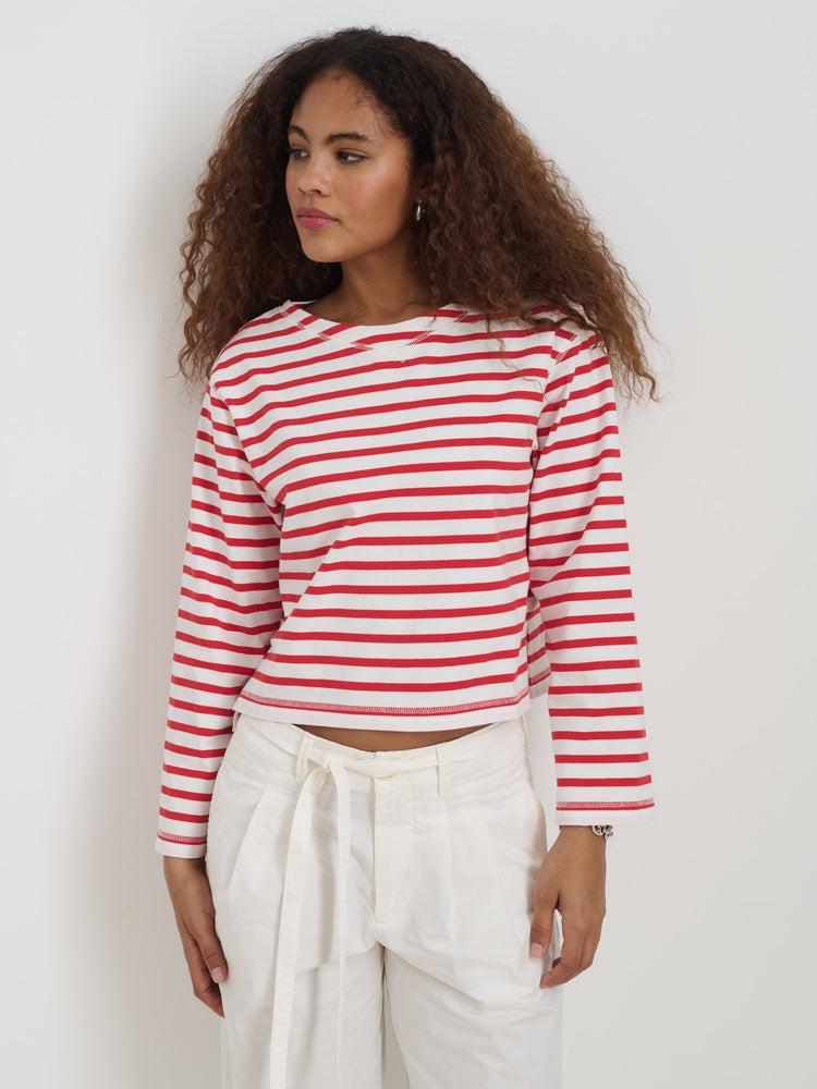Alex Mill Marseille Striped Boatneck Tee In Cotton Red/Ivory