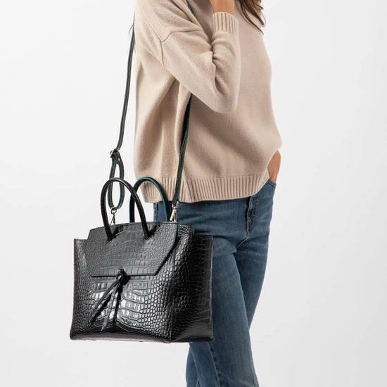 Alexandre Birman Loren Large Leather Tote Bag - Black Croc Print