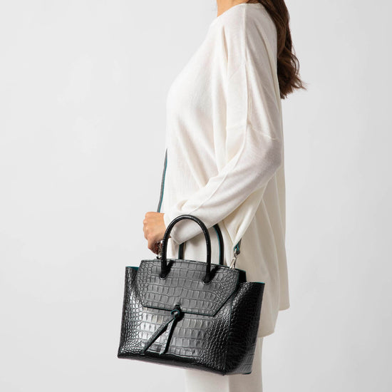Alexandre Birman Loren Midi Leather Tote Bag - Black Croc Print