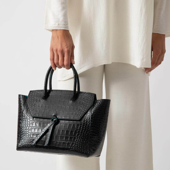 Alexandre Birman Loren Midi Leather Tote Bag - Black Croc Print