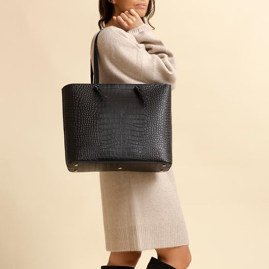 Alexandre Birman Milano Large Leather Shoulder Tote Bag - Black Croc Print