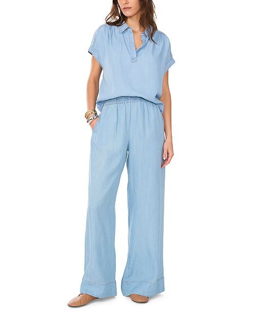 alfani 1.STATE Women's Chambray Johnny-Collar Top & Chambray Wide-Leg Pants Women's Fashion Shoes & Accessories