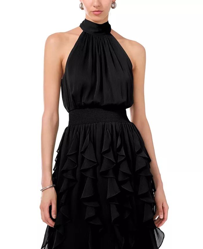 Alfani 1.STATE Women's Smocked Cascade-Ruffle Halter Maxi Dress Women's Fashion Shoes & Accessories