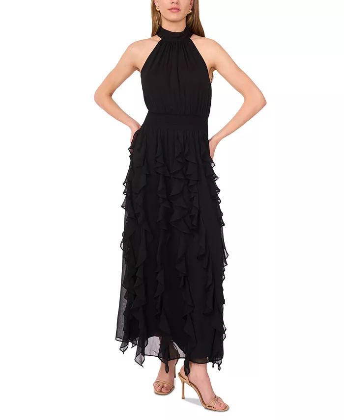 Alfani 1.STATE Women's Smocked Cascade-Ruffle Halter Maxi Dress Women's Fashion Shoes & Accessories