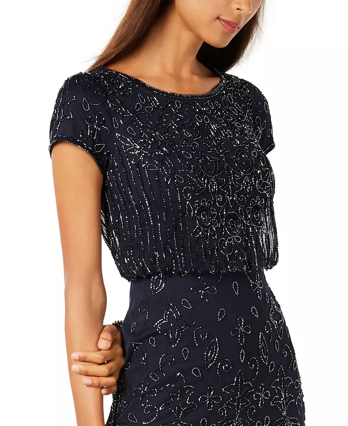 Alfani Adrianna Papell Women's Beaded Short-Sleeve Sheer-Overlay Gown Women's Fashion Shoes & Accessories