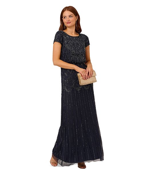 alfani Adrianna Papell Women's Beaded Short-Sleeve Sheer-Overlay Gown Women's Fashion Shoes & Accessories