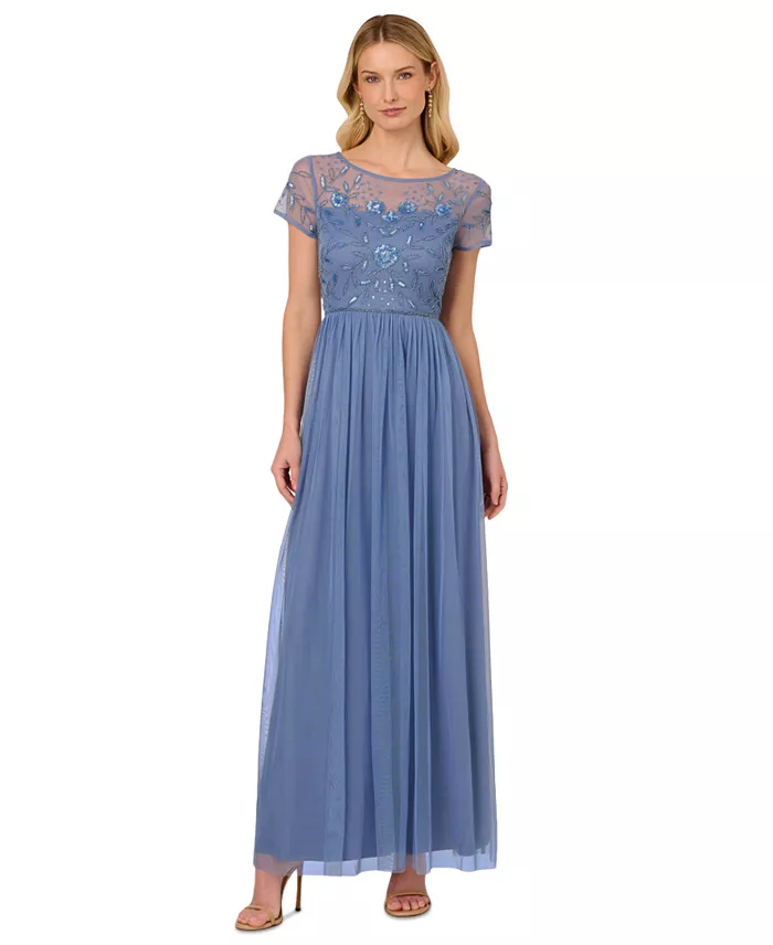 Alfani Adrianna Papell Women's Boat-Neck Beaded Mesh Dress Women's Fashion Shoes & Accessories