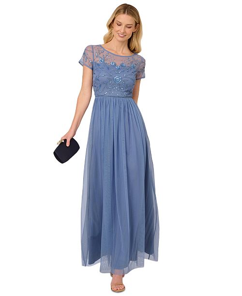 alfani Adrianna Papell Women's Boat-Neck Beaded Mesh Dress Women's Fashion Shoes & Accessories
