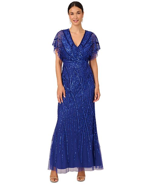 alfani Adrianna Papell Women's Embellished Flutter-Sleeve Gown Women's Fashion Shoes & Accessories