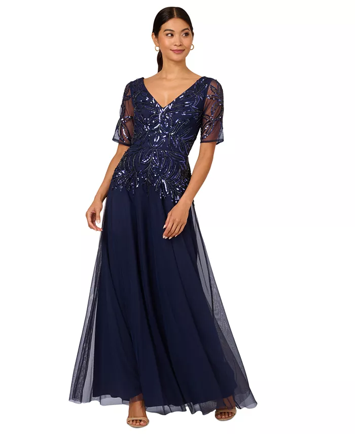 Alfani Adrianna Papell Women's Embellished Mesh V-Neck Gown Women's Fashion Shoes & Accessories