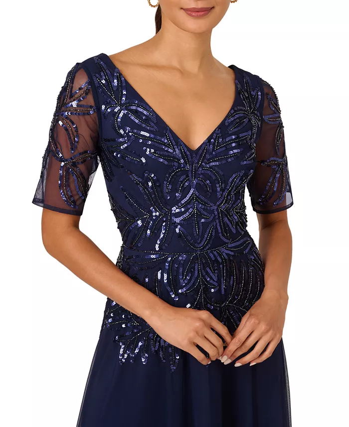 Alfani Adrianna Papell Women's Embellished Mesh V-Neck Gown Women's Fashion Shoes & Accessories