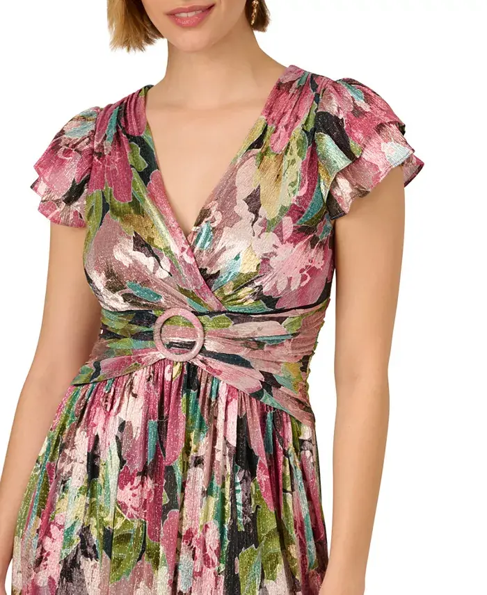 Alfani Adrianna Papell Women's Floral Metallic Crinkle Gown Women's Fashion Shoes & Accessories