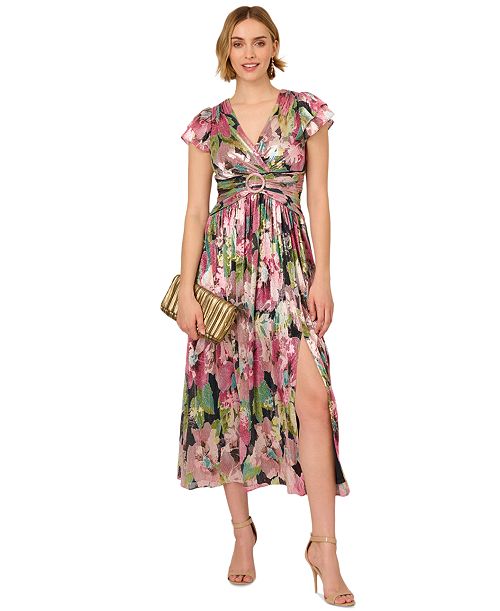 alfani Adrianna Papell Women's Floral Metallic Crinkle Gown Women's Fashion Shoes & Accessories