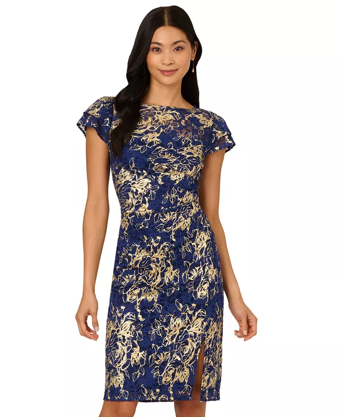 Alfani Adrianna Papell Women's Lace Foil Flutter-Sleeve Sheath Dress Women's Fashion Shoes & Accessories