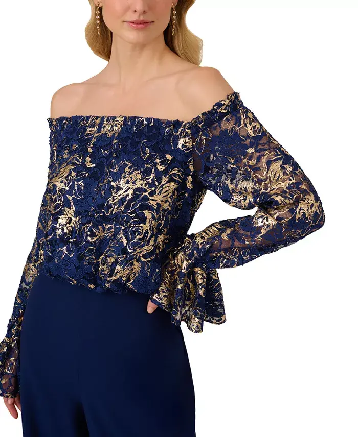 Alfani Adrianna Papell Women's Off-The-Shoulder Lace & Crepe Jumpsuit Women's Fashion Shoes & Accessories