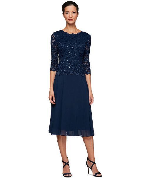 alfani Alex Evenings Alex s Sequined Lace Contrast Midi Dress Women's Fashion Shoes & Accessories