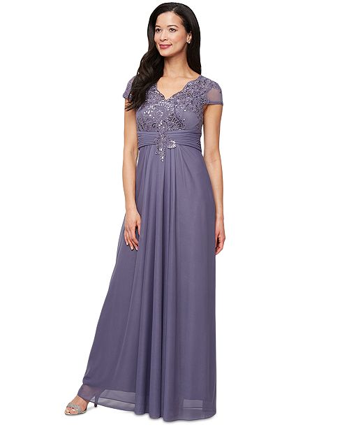 alfani Alex Evenings Women's Embellished Short-Sleeve Gown Women's Fashion Shoes & Accessories