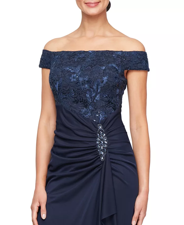 Alfani Alex Evenings Women's Embroidered Lace Ruched Gown Women's Fashion Shoes & Accessories