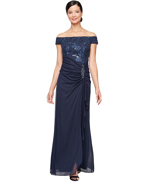 alfani Alex Evenings Women's Embroidered Lace Ruched Gown Women's Fashion Shoes & Accessories