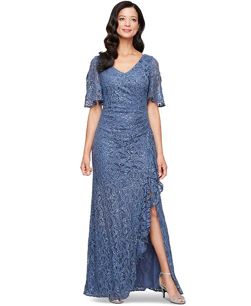 alfani Alex Evenings Women's Sequinned-Lace Cold-Shoulder Gown Women's Fashion Shoes & Accessories