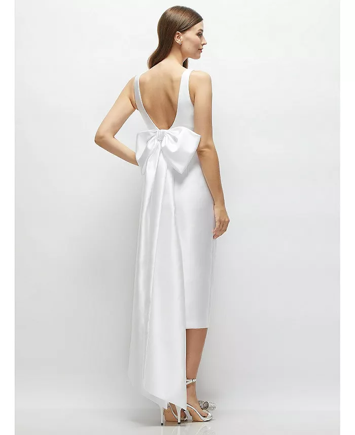 Alfani Alfred Sung Scoop Neck Corset Satin Midi Dress With Floor-Length Bow Tails Women's Fashion Shoes & Accessories