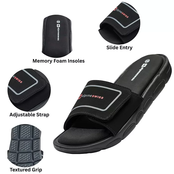 Alfani Alpine Swiss Men's Gabe Men Slide Sandals Shock-absorbing Foam Insole For Arch Support Adjustable Strap Athletic Sandals Anti-Slip Traction EVA Foam Outsole Men's Shoes
