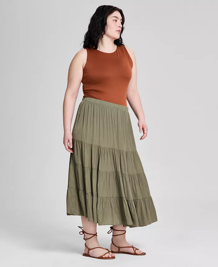 Alfani And Now This Plus Size Pull-On Tiered Midi Skirt Women's Fashion Shoes & Accessories