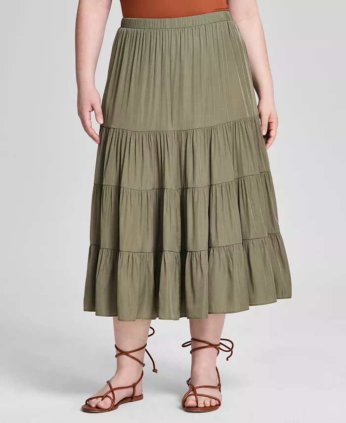 Alfani And Now This Plus Size Pull-On Tiered Midi Skirt Women's Fashion Shoes & Accessories