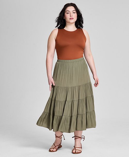 alfani And Now This Plus Size Pull-On Tiered Midi Skirt Women's Fashion Shoes & Accessories