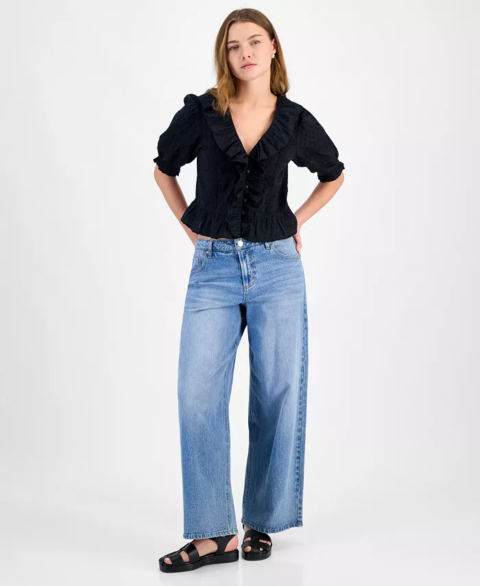 Alfani And Now This Women's Cotton Ruffled Cropped Elbow-Sleeve Blouse Exclusively At Macy's Women's Fashion Shoes & Accessories