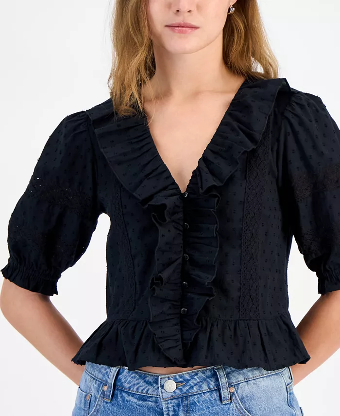 Alfani And Now This Women's Cotton Ruffled Cropped Elbow-Sleeve Blouse Exclusively At Macy's Women's Fashion Shoes & Accessories
