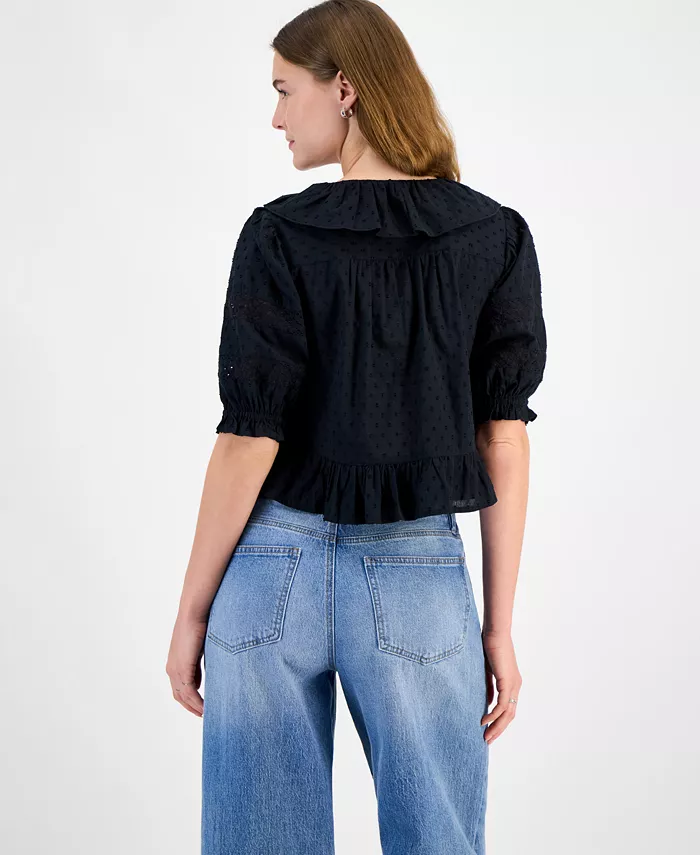 Alfani And Now This Women's Cotton Ruffled Cropped Elbow-Sleeve Blouse Exclusively At Macy's Women's Fashion Shoes & Accessories