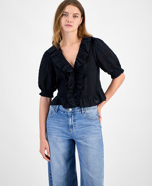 alfani And Now This Women's Cotton Ruffled Cropped Elbow-Sleeve Blouse Exclusively at Macy's Women's Fashion Shoes & Accessories