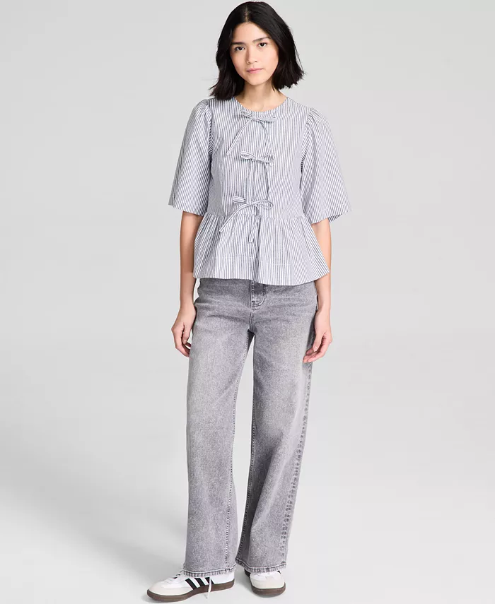 Alfani And Now This Women's Cotton Tie-Front Peplum Top Exclusively At Macy's Women's Fashion Shoes & Accessories