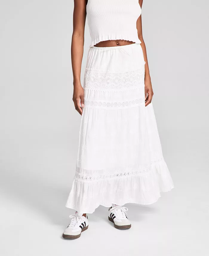 Alfani And Now This Women's Embroidered Cotton Lace-Trim Tiered Maxi Skirt Exclusively At Macy's Women's Fashion Shoes & Accessories