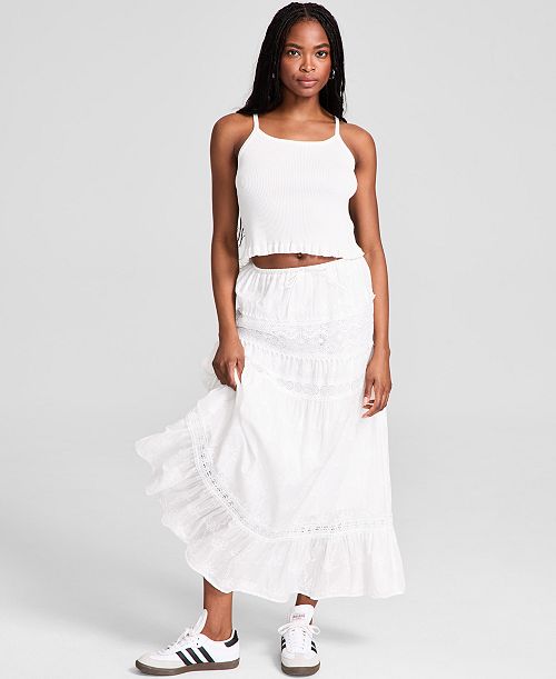 alfani And Now This Women's Embroidered Cotton Lace-Trim Tiered Maxi Skirt Exclusively at Macy's Women's Fashion Shoes & Accessories