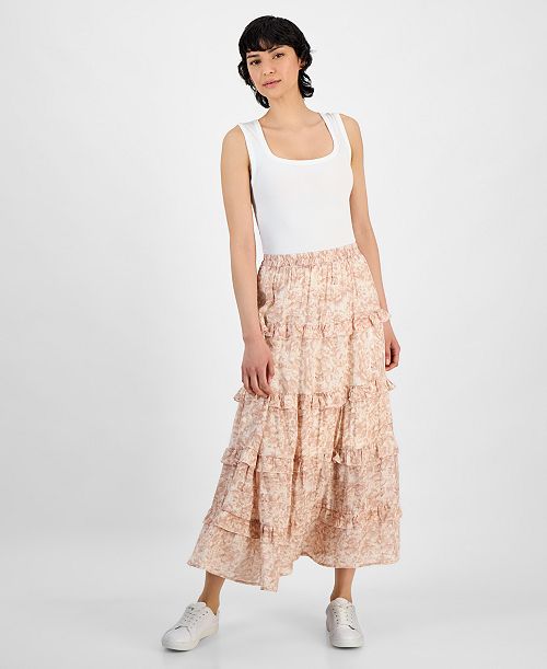 alfani And Now This Women's Floral Tiered Pull-On Maxi Skirt Exclusively at Macy's Women's Fashion Shoes & Accessories