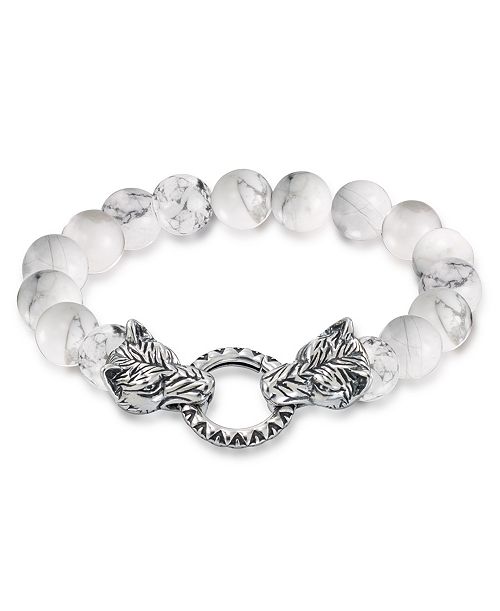 Andrew Charles by Andy Hilfiger Men's Tiger's Eye Bead Wolf Head Stretch Bracelet in Stainless Steel (Also in Onyx & White Agate) Jewelry & Watches