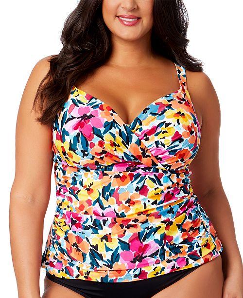 alfani Anne Cole Plus Size Floral-Print Surplice Underwire Tankini Top Women's Fashion Shoes & Accessories