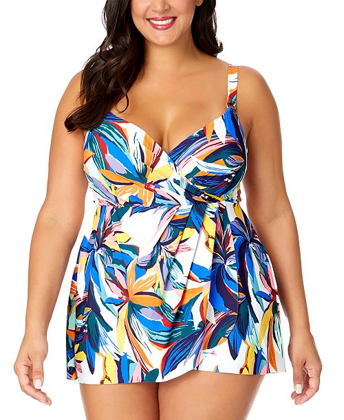 alfani Anne Cole Plus Size Printed Surplice Swim Dress Women's Fashion Shoes & Accessories