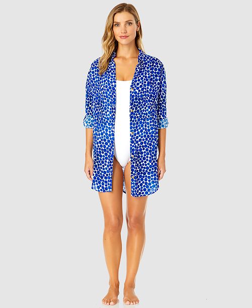 alfani Anne Cole Women's Denim Dot Shirt Swim Cover-Up Women's Fashion Shoes & Accessories