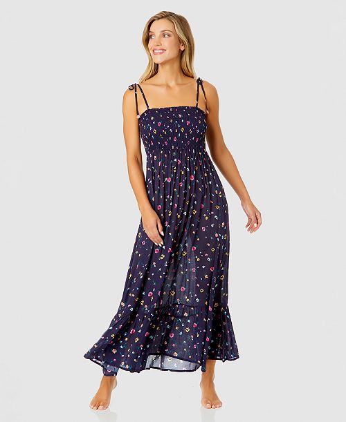 alfani Anne Cole Women's Floral-Print Smocked Maxi Dress Swim Cover-Up Women's Fashion Shoes & Accessories