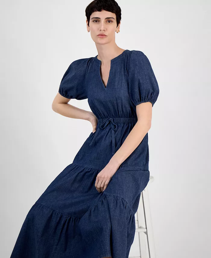 Alfani Anne Klein Petite Puff-Sleeve Tiered Denim Midi Dress Women's Fashion Shoes & Accessories