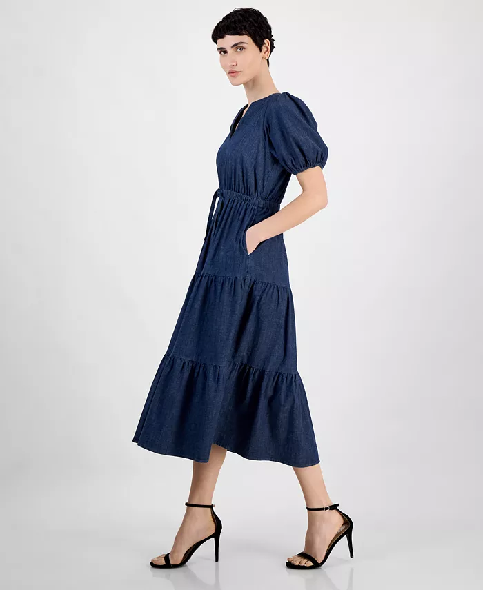 Alfani Anne Klein Petite Puff-Sleeve Tiered Denim Midi Dress Women's Fashion Shoes & Accessories