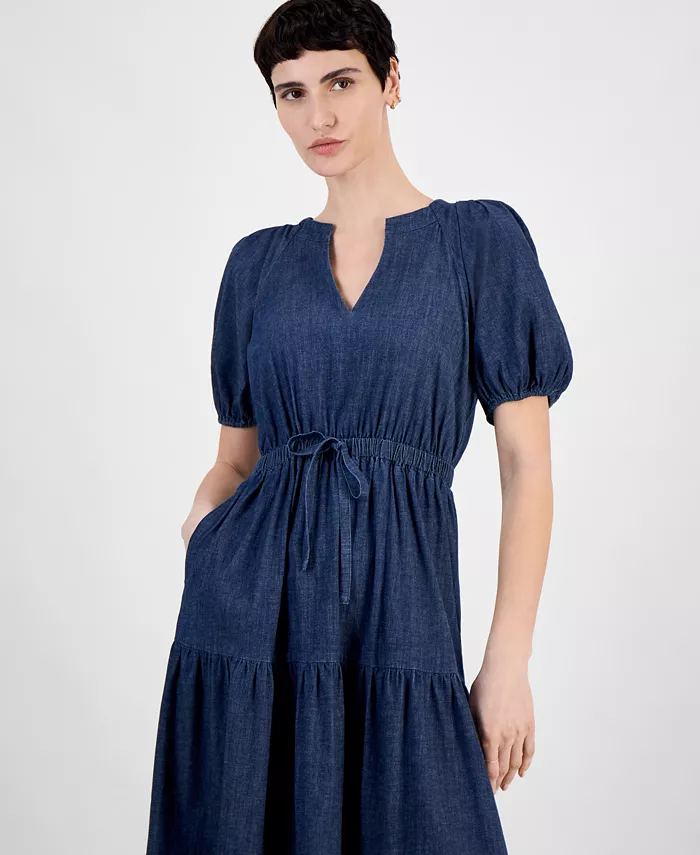 Alfani Anne Klein Petite Puff-Sleeve Tiered Denim Midi Dress Women's Fashion Shoes & Accessories