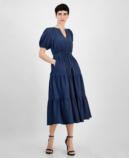 alfani Anne Klein Petite Puff-Sleeve Tiered Denim Midi Dress Women's Fashion Shoes & Accessories